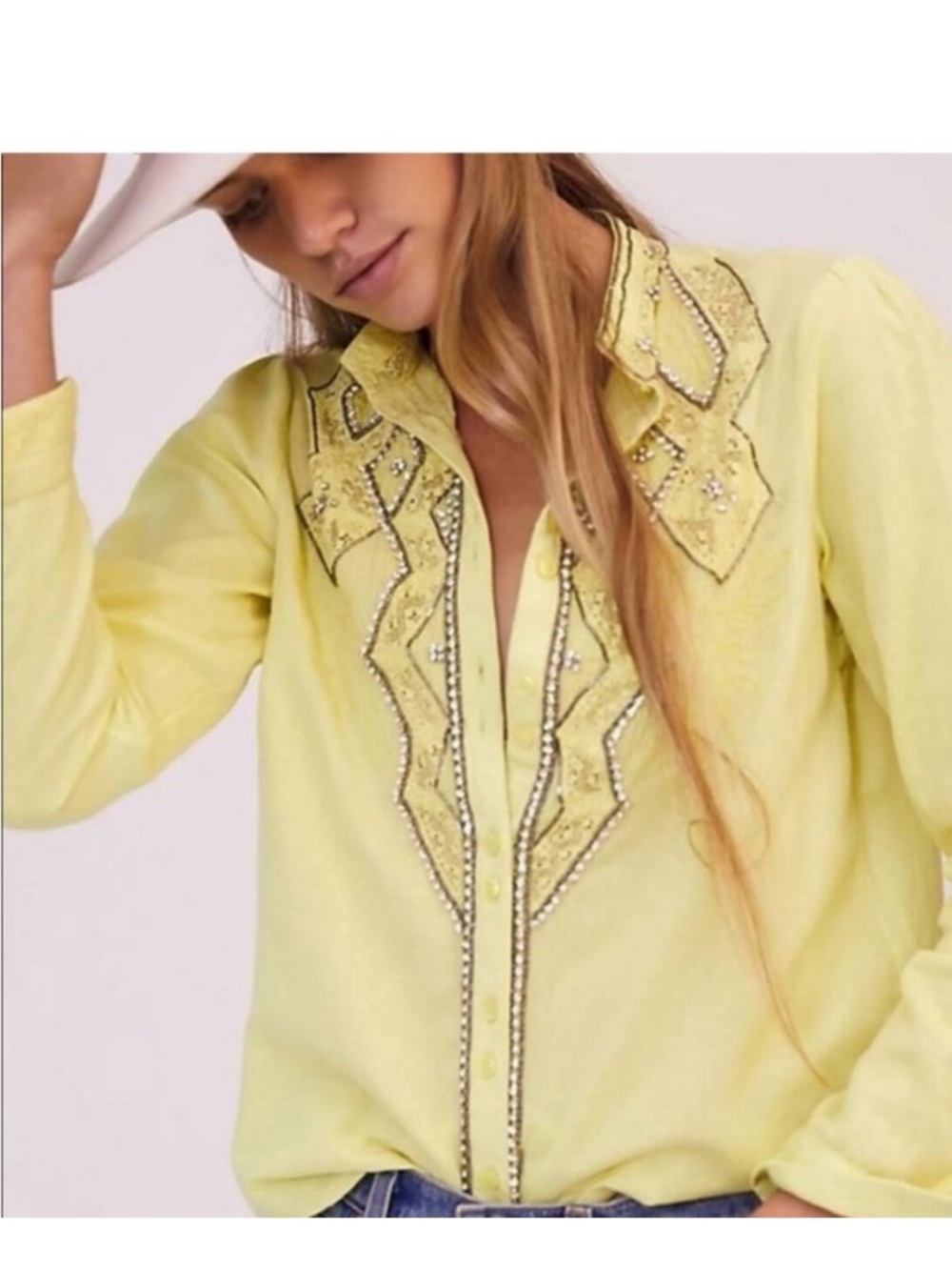 Anthropologie by Pilcro Western Style Beaded Yellow Embellished Button-Down Top